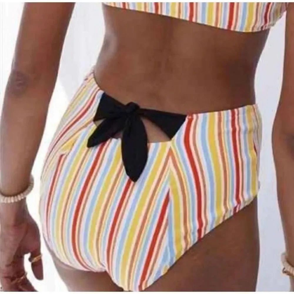 Lemlem Mokati High-Waisted Bikini Bottoms Orange Striped New Size Small